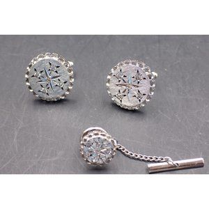 Vintage Starburst Sterling and Diamond Mens Cuff Links and Lapel Pin signed M US